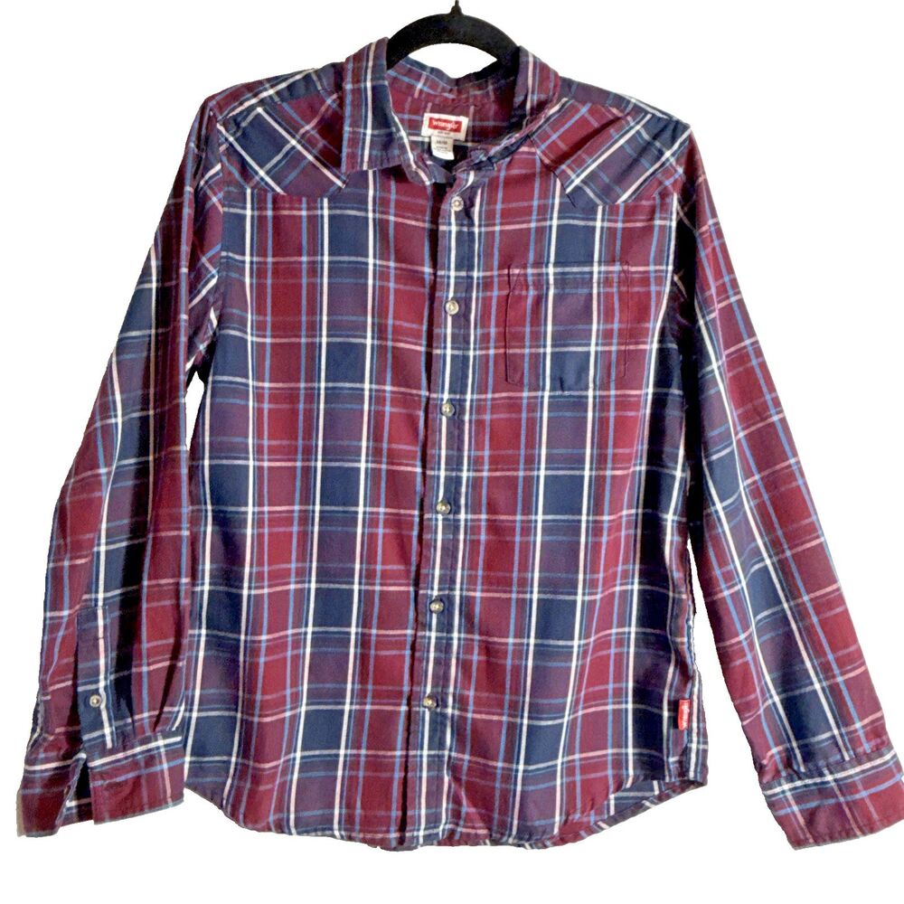Wrangler Plaid Button Down Shirt Boys 14/16 Maroon Blue Long Sleeve Top